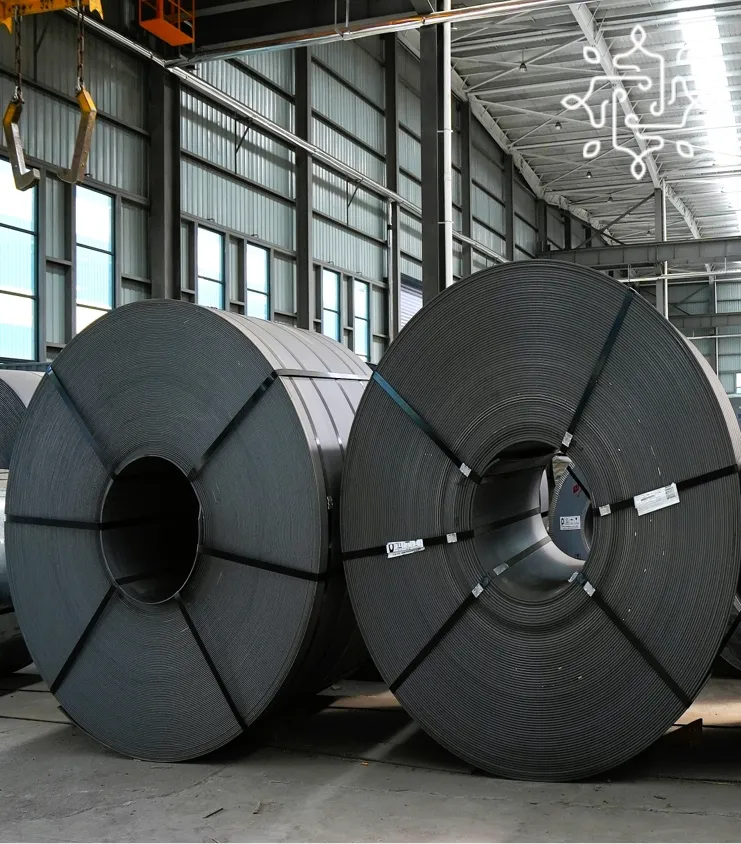 A close-up of a steel coil within a warehouse, emphasizing its circular form and the surrounding industrial setting.