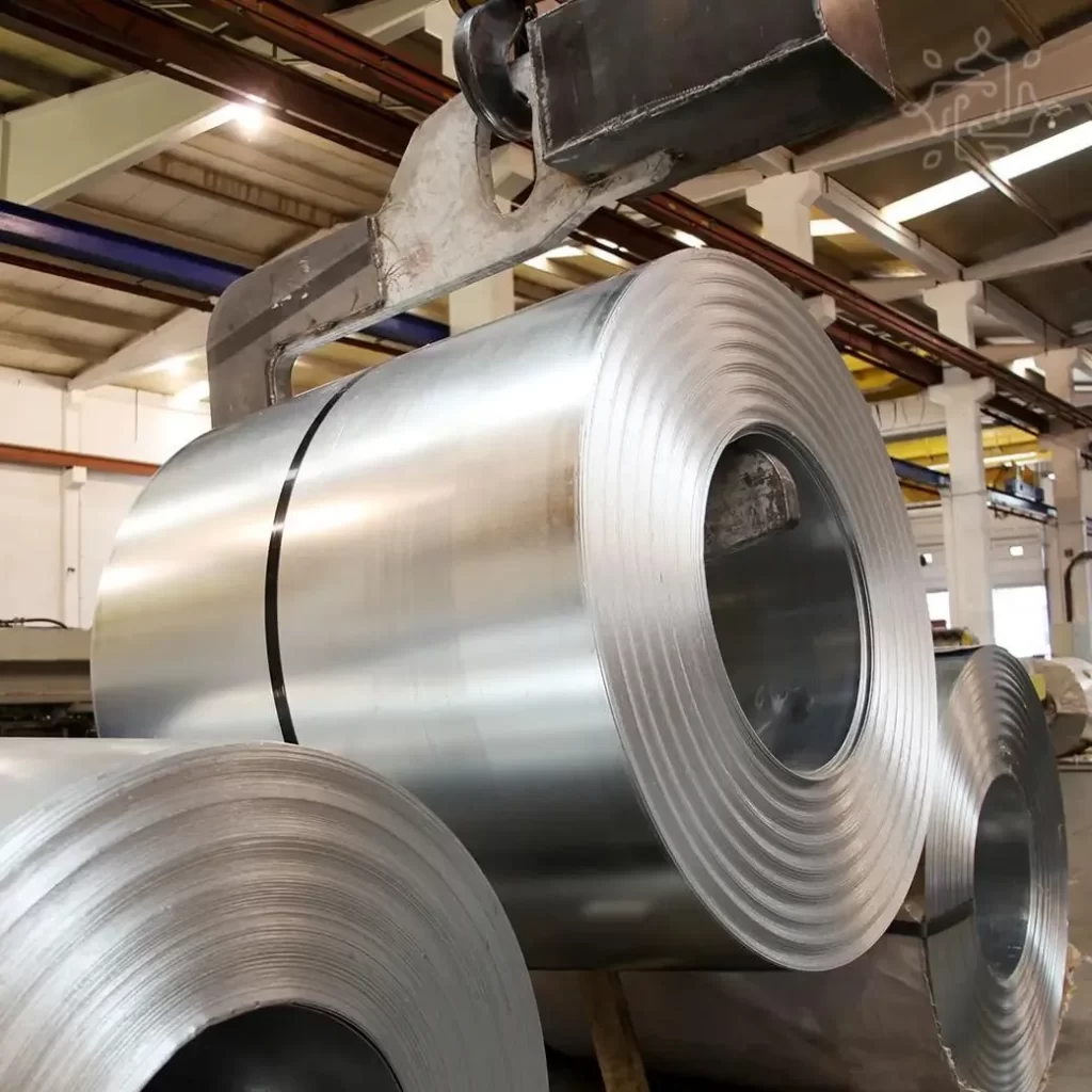 A view of steel coils arranged in a factory setting, highlighting the manufacturing and processing of metal materials.